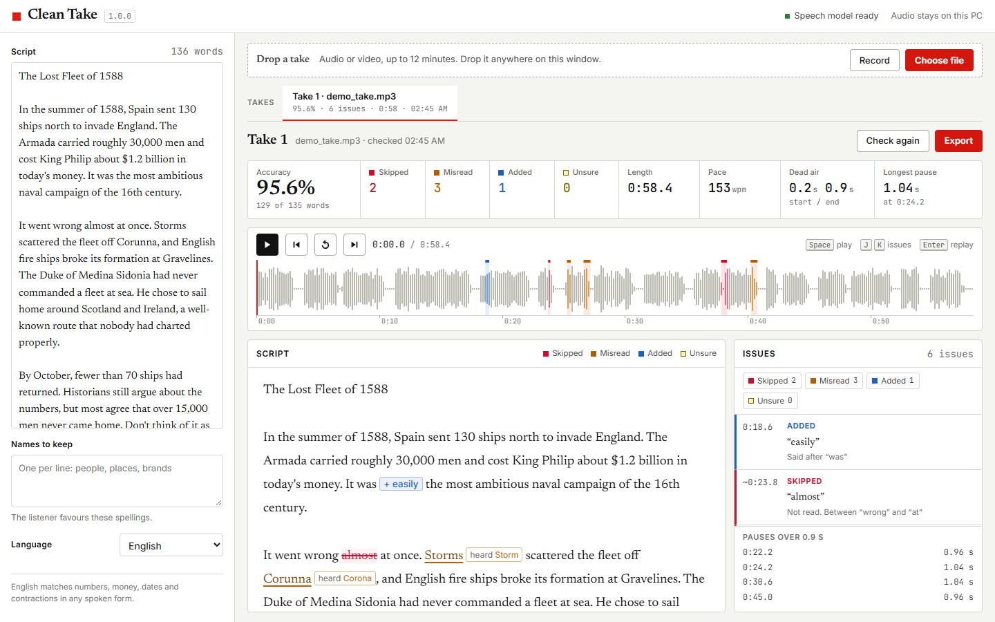 Clean Take showing a checked take: the script with skipped, misread, and added words marked, a waveform with issue markers, scores, and the issue list.